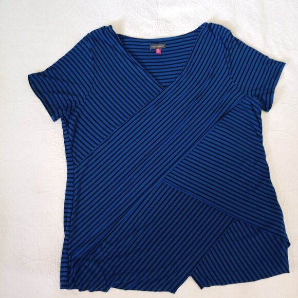 Vince Camuto Blue Black Striped Asymmetrical V-Neck Top 1X - Picture 1 of 7